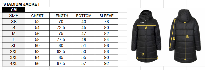 Stadium Jacket Size Chart
